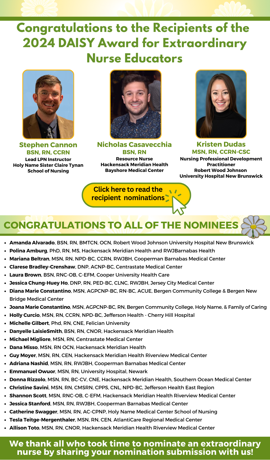 Congratulations to the 2024 Daisy Award Recipients and Nominees